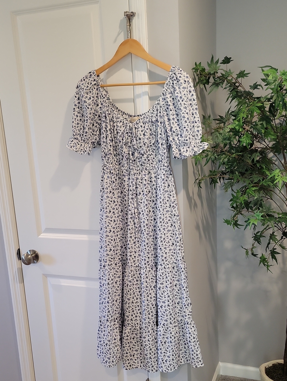 Indulge White Maxi Dress with Blue Floral Print ,Size S